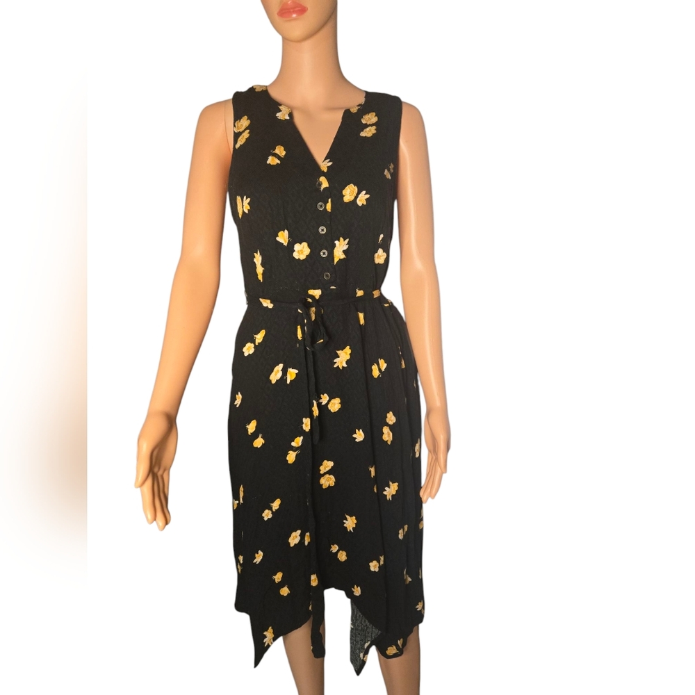 Knox Rose , black and yellow floral print sleeveless button down dress, sz M